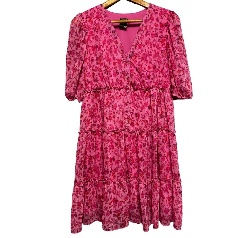 Taylor Pink Floral Tiered Vneck Button Front Mini Dress Sz 12 Tropical Flowy